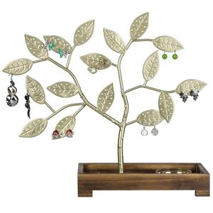 Brass Tone Metal Jewelry <b>Tree</b> Earring <b>Necklace</b> Holder Organizer Wooden Ring Tray Jewelry Stand Vanity Display Gift - Product Image 3