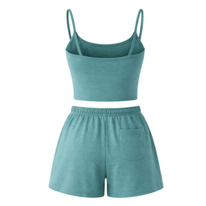 Conjunto de 2 Piezas para Mujer, Color Verde Azulado, Top Corto sin Mangas con Cordón Ajustable y Pantalones Cortos, Tejido Sólido y Transpirable, Ropa Casual de Primavera/Verano - Product Image 2