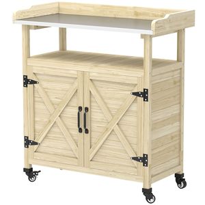 Banco da Giardinaggio in Legno Naturale con Armadietto e Piano in Alluminio per Uso Esterno con Ruote in Gomma - Product Image 1
