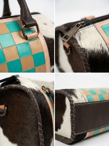 Luxury 100% Genuine <b>Leather</b> Mini Speedy Duffel Bag Weekender Sport Checkerboard Teal Brown Pattern Double Handle Zipper Closure - Product Image 6