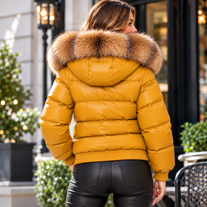 Chaqueta de cuero acolchada para mujer con capucha de piel, abrigo bomber de lujo para invierno, ropa exterior cálida y acolchada - Product Image 2
