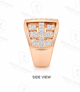 Bold <b>statement</b> <b>ring</b> in 18K rose gold with iced out square cluster round diamonds and baguette side galleries masculine luxury de - Product Image 3