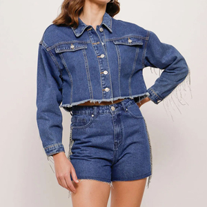 Ensemble deux pièces pour femmes, nouvelle collection printemps, couleur unie, style streetwear, couleur personnalisable, respirant, en spandex/polyester, veste à manches longues, jean denim - Product Image 5