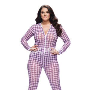 Mono de una pieza con estampado de pata de gallo morado, manga larga, cremallera frontal, ajuste ceñido, para mujer, OEM personalizado - Product Image 5