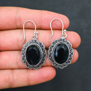 Boucles d'oreilles personnalisées en onyx noir créé en laboratoire, argent sterling 925, 1,9 pouce, bijoux en pierres précieuses faits à la main, boucles d'oreilles fines antiques, cadeau pour femme - Product Image 2