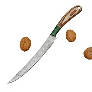Cuchillo de Filetear de Acero de Damasco Forjado a Mano con Hoja Dentada |   Empuñadura de madera personalizada OEM con pasadores de latón y funda de cuero - Product Image 1