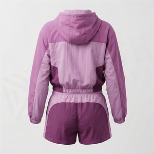 <b>Women's</b> Color Blocked Hooded Sporty 2 Piece Shorts <b>Set</b> Full Sleeve Breathable Polyester Above Knee Regular Fit Spring Summer - Product Image 2
