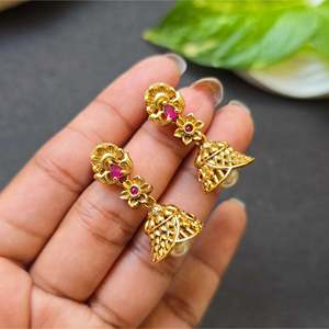 Trendy Gold Plated Brass Drop Earrings with Tassel and Flower Design for Party and Gift - Product Image 1
