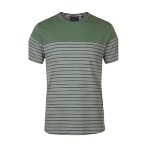 Camiseta de Algodón a Rayas Verde Oliva y Gris para Hombre, Cuello Redondo, Manga Corta, Informal, Veraniega, Transpirable, Suave, Corte Regular, para Actividades al Aire Libre - Product Image 1