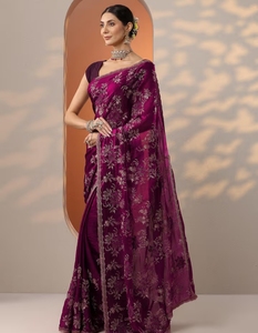 Sari Tradicional Bordado de Viscosa y Organza Reversible para Mujer, Diseño Otoñal, Sin Arrugas, con Blusa Sin Coser para Fiesta - Product Image 1