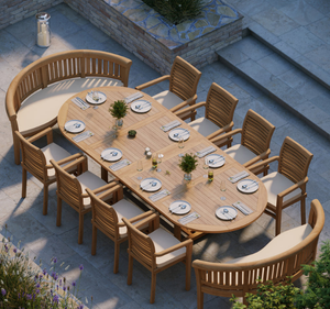 Ensemble de table à manger ovale en teck massif pour l'extérieur, 10 places, chaises avec accoudoirs, finition naturelle écologique, imperméable, luxe, hôtel, villa - Product Image 1