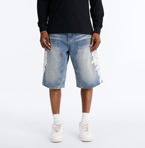 Pantalones Cortos de Mezclilla Negros Desgastados con Parches, Estilo Streetwear, de Alta Calidad OEM, para Hombre - Product Image 1