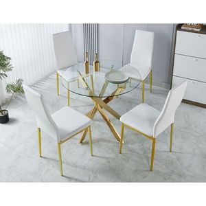 Set da Pranzo Mid-Century 1+4,5 Pezzi con Tavolo con Gambe in Metallo per 4-6 Persone, Piano in Vetro, Tavolo da Pranzo con Base a Piedistallo per Sala da Pranzo - Product Image 1