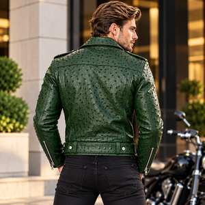 <b>Men's</b> Green Ostrich Embossed Leather Biker <b>Jacket</b>/ <b>Motorcycle</b> Moto <b>Jacket</b> Asymmetrical Zipper Luxury Leather Outerwear <b>for</b> <b>Men</b> - Product Image 3