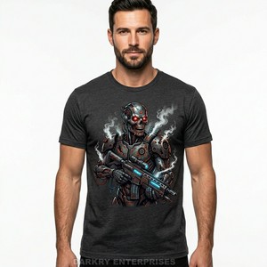 T-shirt personnalisé pour homme avec motif crâne mécanique, guerrier cyborgue de science-fiction, fabricant de t-shirts graphiques en coton premium, impression numérique - Product Image 1