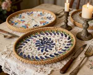 Panier de rangement rond décoratif en coquillages avec poignée, assiette à fruits colorée en coquillages, vaisselle décorative créative - Product Image 1