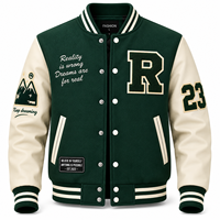 Chaqueta Varsity Unisex Verde con Letra R, Cierre de Botones, Bolsillo Frontal Bordado, Corte Regular, Estilo Urbano, Ropa de Invierno 3D