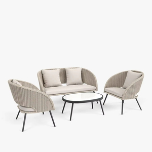 Conjunto de Muebles de Jardín de Mimbre con Cojines de Tela, Mesa de Vidrio Templado, para Jardín, Césped, Terraza, Muebles Modernos para Conversar - Product Image 1