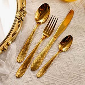 Vente Restaurant de luxe en acier inoxydable poli or plein martelé Long manche argenterie cuillère et fourchette ensemble - Product Image 1