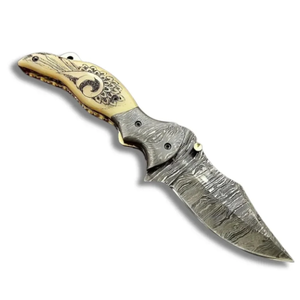 LEGACY BLADES มีดพับเหล็กดามัสกัส มีดทำมือทรงดรอปพอยต์ ด้ามไม้ มีดสำหรับตั้งแคมป์ มีดพับเกรดอุตสาหกรรม - Product Image 5