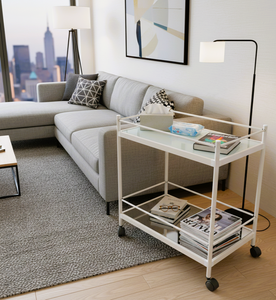 Minimalist White Metal Frame Glass Shelf <b>Trolley</b> With 4 Swivel Casters 2-Tier Storage For Living Room Hotel Use - Product Image 4