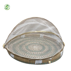 Woven straw food <b>cover</b> with green pattern Kitchenware and <b>table</b> decoration Wholesale eco-friendly Made in Vietnam - Product Image 2