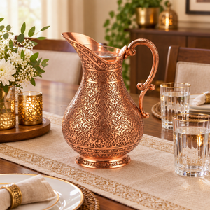 Carafe à eau en cuivre pur gravée à la main, motif floral complexe en relief, style arabe, pour service et cadeau - Product Image 3
