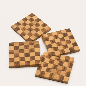 Wholesale Handcrafted Checkerboard Wooden Coaster Set Of 4 Heat-Resistant Non-Slip Coffee <b>Cup</b> <b>Mat</b> Eco-Friendly Sustainable Wood - Product Image 1