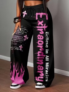Plus Size - Women'S Casual Loose Letter <b>Print</b> Drawstring Pants Medium Stretch Fabric <b>Alphabets</b> Pattern - Product Image 2