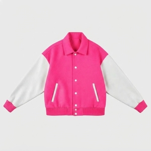 Veste matelassée rose et blanche à blocs de couleur, unisexe, col mandarin, fermeture à bouton unique, en polaire tricotée coupe-vent, streetwear d'automne - Product Image 1