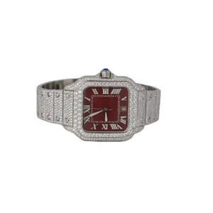 Luxury Unisex Alloy Stainless Steel Sapphire Crystal Diamond Watch Square <b>Red</b> Dial Roman Numeral Analog Quartz Movement Hidden - Product Image 1