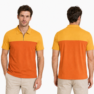 Hot selling Men's Color Blocked <b>Polo</b> Shirt Short Sleeve Zipper Casual <b>Orange</b> Yellow Regular Fit - Product Image 4
