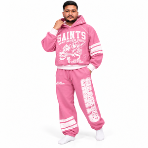 Ensemble survêtement rose personnalisé avec sweat à capuche et pantalon de jogging pour homme, imprimé sérigraphié, style streetwear, REXFITSPORTS, vêtements en gros OEM - Product Image 4