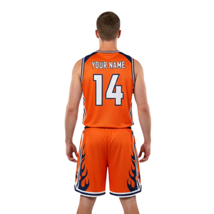 Ensemble de basketball pour hommes avec imprimé flamme sur le côté, maillot sans manches à col en V et short ample avec bandes sur les épaules, noms et numéros personnalisés - Product Image 2