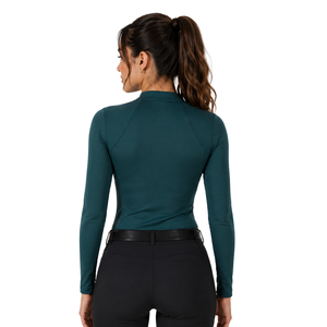 Camiseta de equitación de manga larga para mujer, color verde azulado oscuro, con cremallera de un cuarto, elástica, transpirable, ecológica y de secado rápido. - Product Image 2