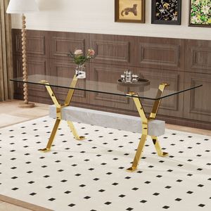 Modern Gold Plated Metal Legs Large Gray MDF Crossbars Tempered Glass <b>Dining</b> <b>Table</b> with Office <b>Desk</b> Features - Product Image 2