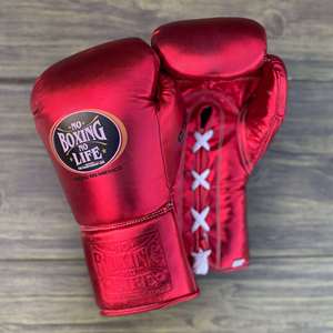 Gants de boxe en cuir rouge métallisé à lacets No Boxing No Life, équipement professionnel pour l'entraînement, le sparring, la frappe sur sac et la lutte. - Product Image 3
