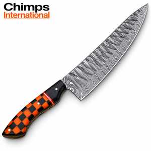 Couteau Santoku de style japonais personnalisé avec lame en acier Damas (6-7,9 pouces), manche en résine à carreaux noir et orange, ambidextre - Product Image 1