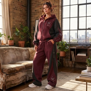 Women's Burgundy <b>Charcoal</b> Zip Hoodie Tracksuit Set Butterfly Print Color Oversized <b>Jogger</b> Pants Streetwear - Product Image 5