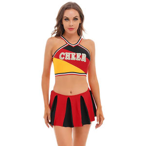 <b>Red</b> Black Yellow Cheerleading Uniform Set With <b>Glitter</b> Cheer Lettering Color Blocked Design Adult Performance Outfit - Product Image 1