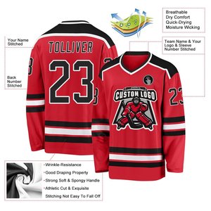 Maillot de hockey sur glace rouge à col en V et manches longues avec rayures noires et blanches, logo personnalisé imprimé, vêtements de sport pour équipes Facto - Product Image 3