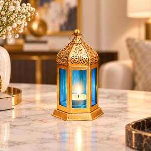 Lanterne cylindrique en métal faite à la main avec découpe géométrique en forme de croissant de lune, porte-bougie, décoration pour la maison pour le Ramadan et l'Aïd - Product Image 6