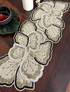 Embroidered Floral Table Runner Beige Brown Pattern Luxury Home Decor Washable Polyester - Product Image 4