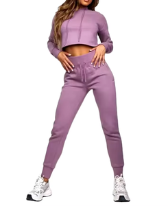Wholesale <b>Women</b> Mauve Purple Two Piece Tracksuit <b>Set</b> with Cropped Drawstring Slim Fit Hoodie and <b>Jogger</b> Pants Custom Activewear - Product Image 1