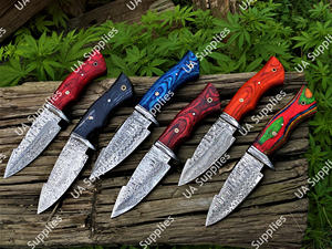 Couteau de camping à lame fixe, pointe tombante, en acier Damas, personnalisable OEM, avec manche en bois Pakka coloré et étui en cuir, directement de l'usine - Product Image 6