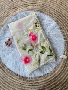 Sari indien ethnique en organza de soie peint à la main à motifs floraux, vente en gros, créateur, pour soirée, couleur crème, en tissu froissé transparent, traditionnel pour femme - Product Image 1