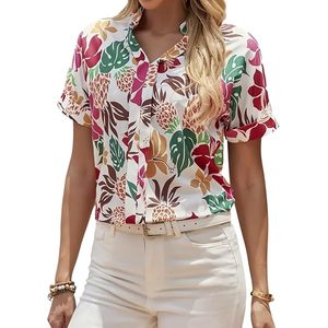 Camisa de playa suave para mujer, estampado floral tropical, cuello en V, manga corta, abotonada, informal, para verano - Product Image 1