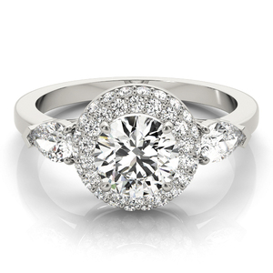 IGI Certified Round Lab Grown Diamond Double Halo Three <b>Stone</b> <b>Ring</b> <b>with</b> Pear Side Stones 10K 14K 18K Gold 925 935 <b>Silver</b> - Product Image 2