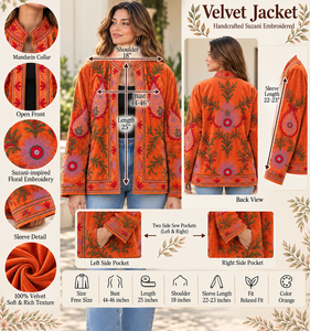 Handcrafted Orange <b>Velvet</b> Jacket Suzani Embroidery, Floral Boho Style <b>women's</b> winter <b>coat</b> - Product Image 5