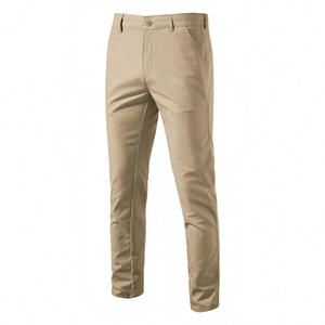 Pantalones Casuales de Corte Recto para Hombre, Tejido Medio, Cierre de Botones, Frente Plano, Color Beige - Product Image 3
